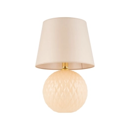 Elegancka, beżowo-złota lampka stołowa z abażurem, styl glamour