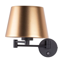 Stylowa lampa ścienna ze złotym abażurem, ramie typu wysięgnik
