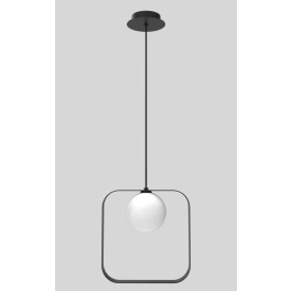 Czarna lampa wisząca z czarną ramką wokół klosza, na żarówkę G9