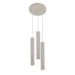Beżowa lampa wisząca, trzy tuby zwisające z okrągłej podsufitki, GU10