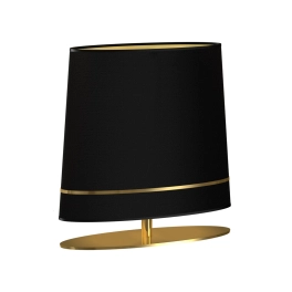 Owalna, mosiężna lampka z czarnym abażurem, idealna do sypialni