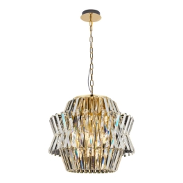 Złota lampa wisząca z efektownym, kryształowym kloszem, idealna do salonu