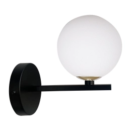 Minimalistyczna lampa ścienna, czarne ramię z białym, okrągłym kloszem