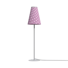 Niebanalna lampka stołowa / nocna z różowym kloszem w białe kropki