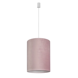 Niecodzienna lampa wisząca z różowym, wysokim abażurem, w kształcie tuby