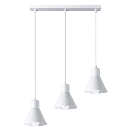 Potrójna, biała lampa wisząca z regulowaną wysokością, idealna nad stół