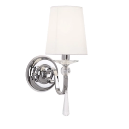 Stylowa, srebrna lampa ścienna z białym abażurem, do sypialni