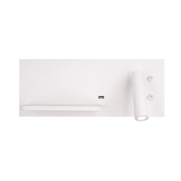 Biała, ledowa lampa ścienna z ładowarką indukcyjną i gniazdem USB