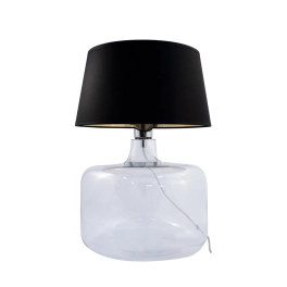 Lampka stołowa z przezroczystą, szklaną podstawą i czarnym abażurem