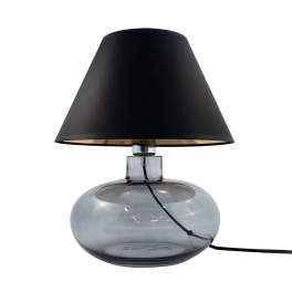 Stylowa lampka nocna ze szklaną podstawą i czarnym, stożkowym abażurem