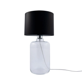 Niebanalna lampka stołowa z wąską, szklaną podstawą i czarnym abażurem