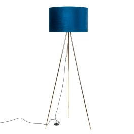 Stylowa lampa podłogowa z dużym, welurowym, niebieskim abażurem