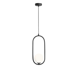 Minimalistyczna lampa wisząca, czarna obręcz z kulistym kloszem