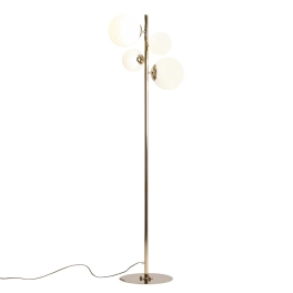 Stylowa, złota lampa podłogowa do salonu w stylu modern glamour
