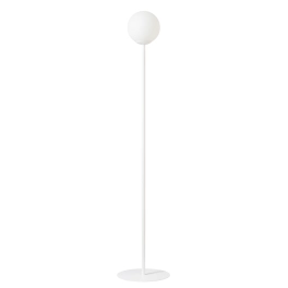 Minimalistyczna, prosta lampa podłogowa okrągłym, mlecznym kloszem