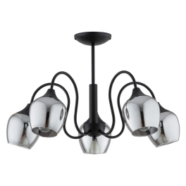 Pięciopunktowa lampa sufitowa ze srebrnymi kloszami i czarną armaturą