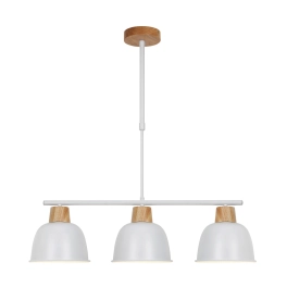Biała, pozioma lampa wisząca z drewnianymi elementami, nad stół