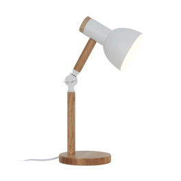Regulowana, biała lampka biurkowa z drewnianym ramieniem, do biura