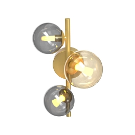 Złota lampa ścienna z trzema okrągłymi kloszami na żarówki G9