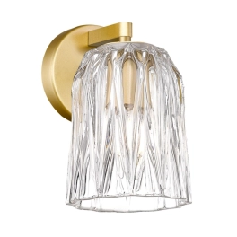 Elegancka, złota lampa ścienna z kryształowym kloszem, styl glamour