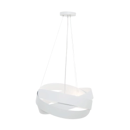 Biała, modernistyczna lampa wisząca na regulowanych linkach, do salonu