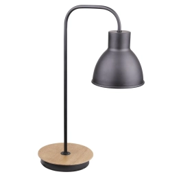 Stylowa lampka biurkowa w kolorze czerni z drewnianą podstawką