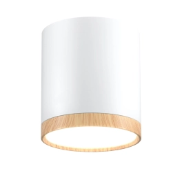 Biały spot natynkowy ze światłem LED z dekoracyjnym elementem drewna