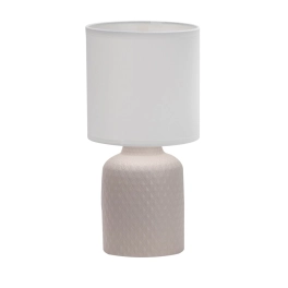 Beżowo-biała lampka stołowa z klasycznym abażurem, na mały gwint
