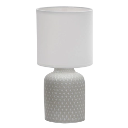 Szara lampa stołowa z ceramiczną podstawką i materiałowym abażurem