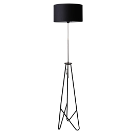 Designerska, czarna, metalowa lampa stojąca z klasycznym abażurem