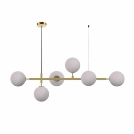 Molekularna, złota, elegancka lampa sufitowa z białymi kloszami, nad stół