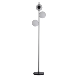 Designerska, czarna, prosta lampa stojąca z trzema okrągłymi kloszami
