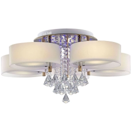 Lampa sufitowa z pięcioma abażurami i kryształkami, kolorowe ledy
