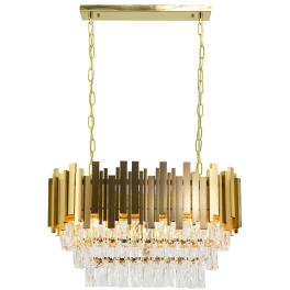 Szeroki, złoty żyrandol z kaskadą kryształów, elegancka lampa nad stół