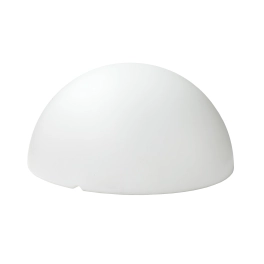 Biała, zewnętrzna lampa stojąca, w kształcie półokręgu, na jedną żarówkę