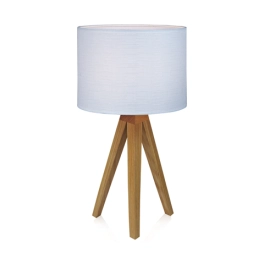 Drewniana lampka stołowa z białym, materiałowym abażurem, mały gwint