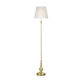 Złoto-biała lampa podłogowa z klasycznym abażurem, idealna do salonu