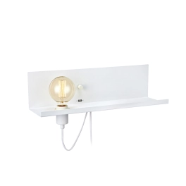 Biała lampa ścienna z półką, gniazdem USB, odsłonięta żarówka