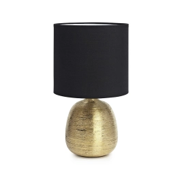 Elegancka lampka ze złotą podstawą i czarnym abażurem, na szafkę nocną