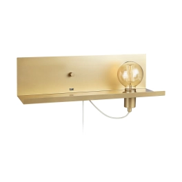 Złota lampa ścienna z półką, gniazdem USB, współpracuje ze ściemniaczem