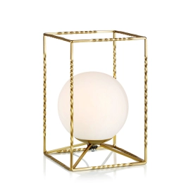 Designerska, elegancka, złota lampka stołowa z białym, okrągłym kloszem
