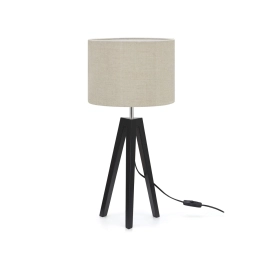 Stylowa lampa stołowa, czarny trójnóg z beżowym, klasycznym abażurem