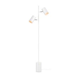 Biała, nowoczesna lampa podłogowa z dwoma, ruchomymi reflektorami