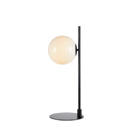 Designerska, minimalistyczna lampka stołowa z białym, okrągłym kloszem