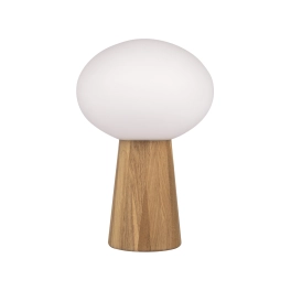 Drewniana, dekoracyjna lampka stołowa z mlecznym kloszem