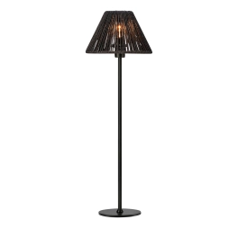 Klasyczna lampa podłogowa z plecionym, czarnym abażurem, do salonu