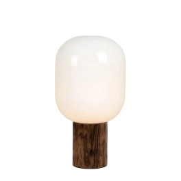 Modernistyczna lampka stołowa na drewnianej podstawie, mleczny klosz