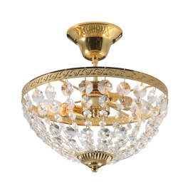 Elegancka, złota lampa sufitowa z kloszem złożonym z kryształków