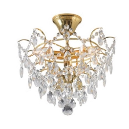 Kryształowa, złota lampa sufitowa, oświetlenie w stylu glamour