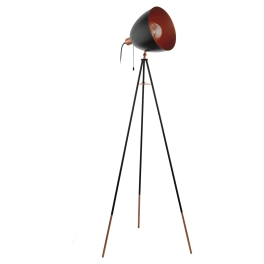 Industrialna czarno-miedziana lampa podłogowa, trójnóg do salonu
